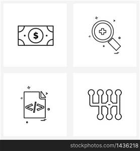 4 Interface Line Icon Set of modern symbols on cash; file format; saving; magnifying glass; html Vector Illustration
