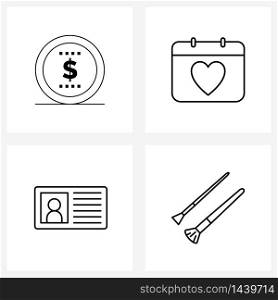 4 Interface Line Icon Set of modern symbols on coin, delivery, calendar, love, brush Vector Illustration