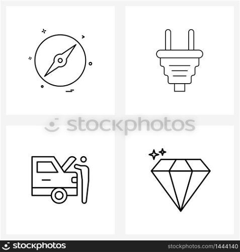4 Interface Line Icon Set of modern symbols on compass, car, navigate, electricity, maintenance Vector Illustration