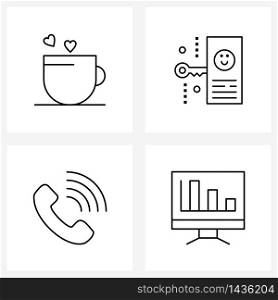 4 Interface Line Icon Set of modern symbols on cup; phone; valentine; encryption; computer Vector Illustration