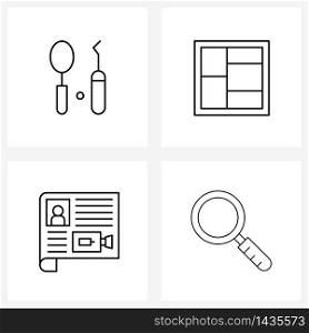 4 Interface Line Icon Set of modern symbols on dental; cctv; tools; layout; security Vector Illustration