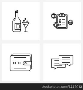 4 Interface Line Icon Set of modern symbols on drinks, money, clipboard, money, message Vector Illustration