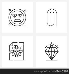 4 Interface Line Icon Set of modern symbols on face, setting, heart, paper clip, document Vector Illustration