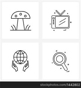 4 Interface Line Icon Set of modern symbols on food, globe, mushroom, television, world Vector Illustration