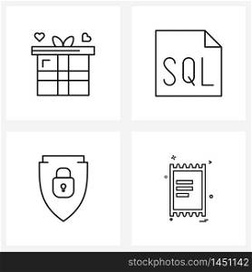 4 Interface Line Icon Set of modern symbols on gift, shield, heart, file, locked Vector Illustration
