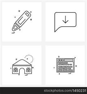 4 Interface Line Icon Set of modern symbols on pencil, home, pen, message, house Vector Illustration
