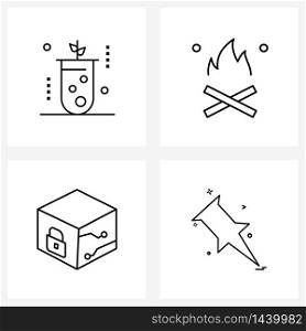 4 Interface Line Icon Set of modern symbols on plant, box, camp, fireplace, pin Vector Illustration