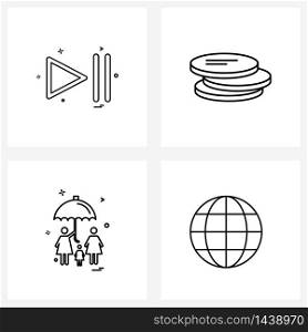 4 Interface Line Icon Set of modern symbols on play, family , media, money, global Vector Illustration