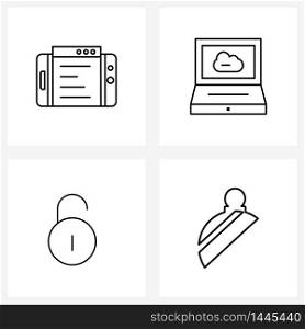 4 Interface Line Icon Set of modern symbols on smartphone, unlock, chat, cloud, Christmas Vector Illustration