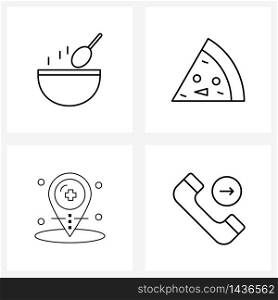 4 Interface Line Icon Set of modern symbols on soup; health; meal; eat; call Vector Illustration