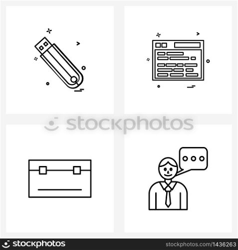 4 Interface Line Icon Set of modern symbols on usb, bag, flash drive, web site , man Vector Illustration