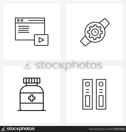 4 Interface Line Icon Set of modern symbols on video on internet, hospital, hand watch setting, medical, file Vector Illustration