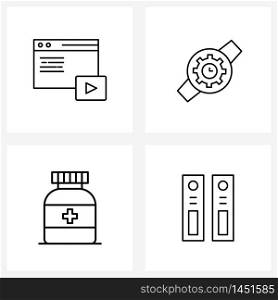 4 Interface Line Icon Set of modern symbols on video on internet, hospital, hand watch setting, medical, file Vector Illustration