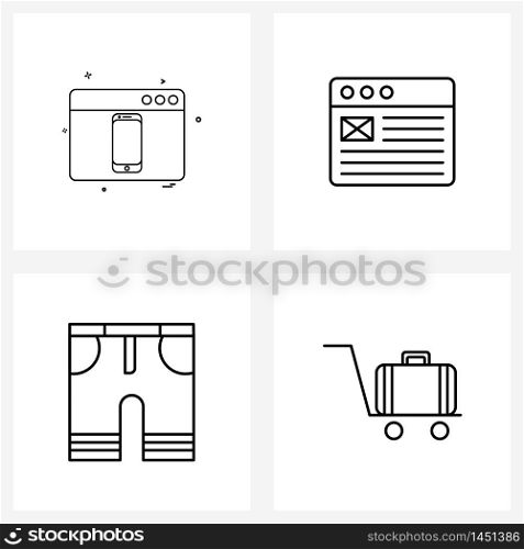4 Interface Line Icon Set of modern symbols on web, shorts, smart phone, mail, cloths Vector Illustration