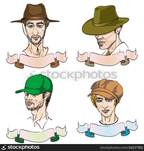 4 portraits of men with different fashionable hats