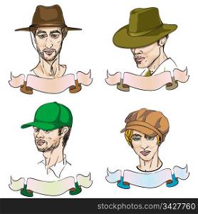4 portraits of men with different fashionable hats