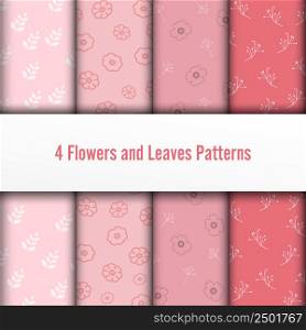 4 Set flower and leaves vector seamless patterns. Romantic chic texture can be used for printing on fabric and paper or scrap booking. Pink colors.
