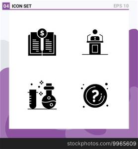 4 Solid Glyph concept for Websites Mobile and Apps book, seminar, investment, presentation, chemistry Editable Vector Design Elements