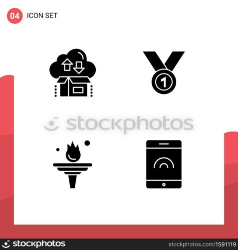 4 Solid Glyph concept for Websites Mobile and Apps box, medal, package, achieve, win Editable Vector Design Elements