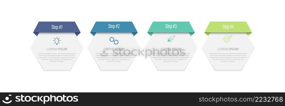 4 stages of development, improvement or training. Infographics with visual action icons for business, finance, project, plan or marketing. Flat vector style
