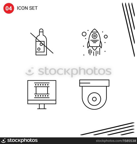 4 Thematic Vector Filledline Flat Colors and Editable Symbols of alcohol, photo frame design, whiskey, spaceship, dome Editable Vector Design Elements