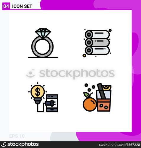 4 Thematic Vector Filledline Flat Colors and Editable Symbols of diamond, technology, machine, creative, fruit Editable Vector Design Elements