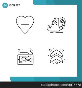 4 Thematic Vector Filledline Flat Colors and Editable Symbols of heart, inbox, brainstorming, innovation, tablet Editable Vector Design Elements