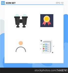 4 Thematic Vector Flat Icons and Editable Symbols of binoculars, profile, badge, medal, business Editable Vector Design Elements