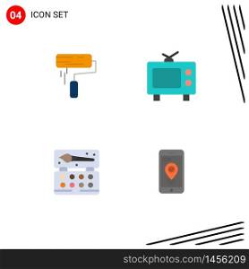 4 Thematic Vector Flat Icons and Editable Symbols of brush, arts, wall, television, color Editable Vector Design Elements