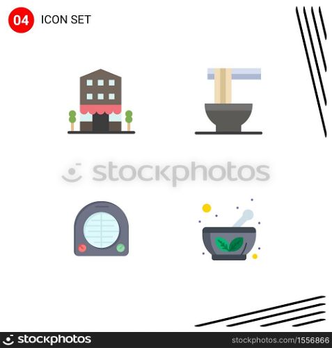 4 Thematic Vector Flat Icons and Editable Symbols of buildings, fan, shop front, food, heating Editable Vector Design Elements