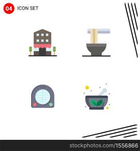 4 Thematic Vector Flat Icons and Editable Symbols of buildings, fan, shop front, food, heating Editable Vector Design Elements