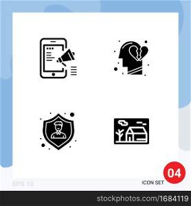 4 Thematic Vector Solid Glyphs and Editable Symbols of advertisement, insurance, mobile, feeling, shield Editable Vector Design Elements