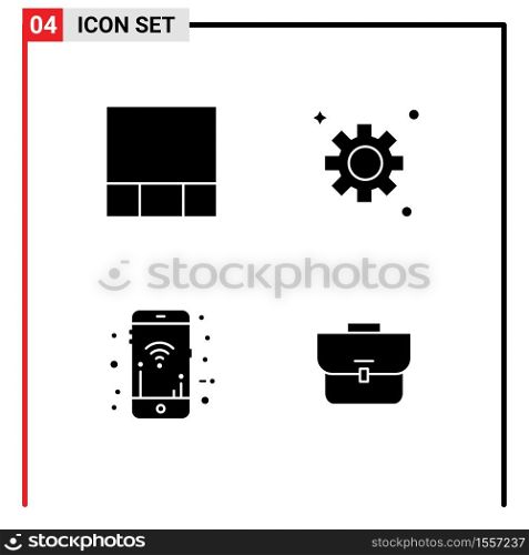 4 Thematic Vector Solid Glyphs and Editable Symbols of grid, bag, setting, mobile signals, suitcase Editable Vector Design Elements