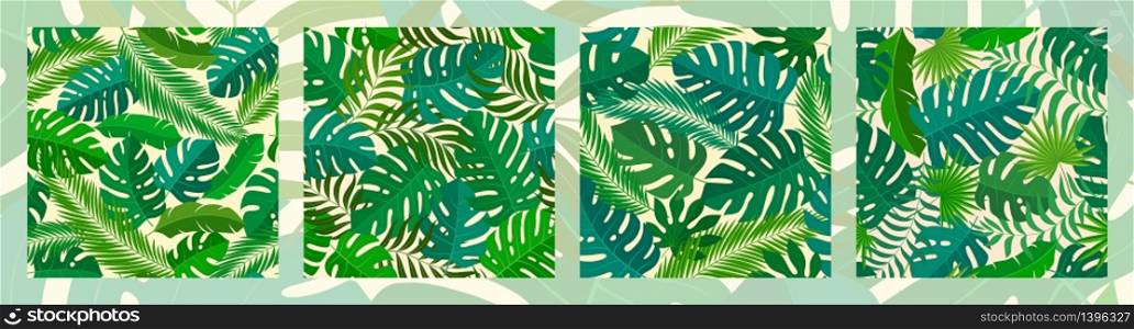 4 tropical seamless natural patterns of exotic leaves. Vector floral background set. 4 tropical seamless natural patterns of exotic leaves.