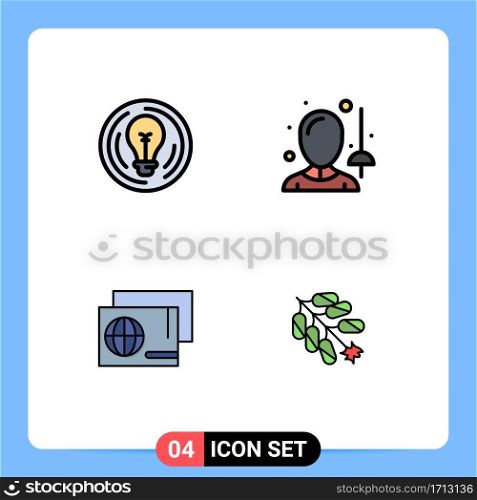4 Universal Filledline Flat Color Signs Symbols of bulb, identity, creative, fencing, passport Editable Vector Design Elements