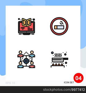 4 Universal Filledline Flat Color Signs Symbols of elearning, science, webinar, biology, network Editable Vector Design Elements