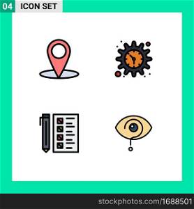 4 Universal Filledline Flat Color Signs Symbols of location, develop, gear, watch, document Editable Vector Design Elements