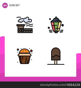 4 Universal Filledline Flat Colors Set for Web and Mobile Applications factory, cup, lantern, eid, muffin sweet Editable Vector Design Elements