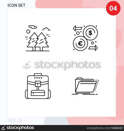 4 Universal Filledline Flat Colors Set for Web and Mobile Applications forest, bag, hiking, euro, school Editable Vector Design Elements