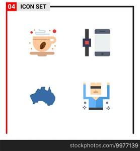 4 Universal Flat Icons Set for Web and Mobile Applications coffee cup, location, leaf, smartphone, travel Editable Vector Design Elements