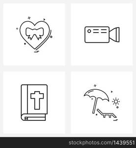 4 Universal Icons Pixel Perfect Symbols of heart, play, valentine&rsquo;s day, camera, book Vector Illustration