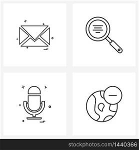 4 Universal Icons Pixel Perfect Symbols of message, microphone , email, magnifying glass, globe Vector Illustration