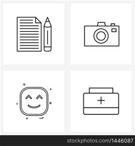 4 Universal Icons Pixel Perfect Symbols of page, emoji , file, cam, smile Vector Illustration