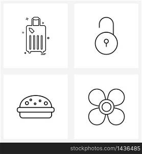 4 Universal Icons Pixel Perfect Symbols of travel bag; fast food; unlocked; burger; cooler Vector Illustration