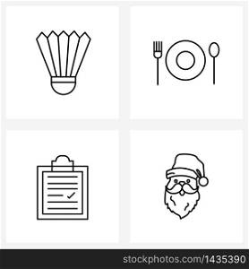 4 Universal Line Icon Pixel Perfect Symbols of badminton, data, shuttlecock, spoon, Santa clause Vector Illustration