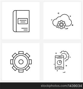 4 Universal Line Icon Pixel Perfect Symbols of book, gear, study, internet, mobile Vector Illustration