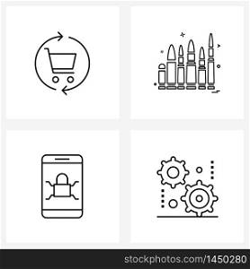 4 Universal Line Icon Pixel Perfect Symbols of cart, lock, army, bullets, settings Vector Illustration