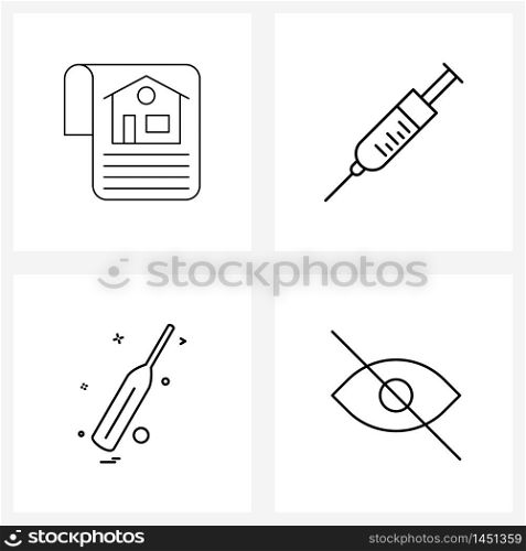 4 Universal Line Icon Pixel Perfect Symbols of contract, cricket, mortgage, injection, look Vector Illustration