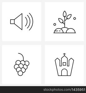 4 Universal Line Icon Pixel Perfect Symbols of loudspeaker; fruit; volume; sprout; church Vector Illustration