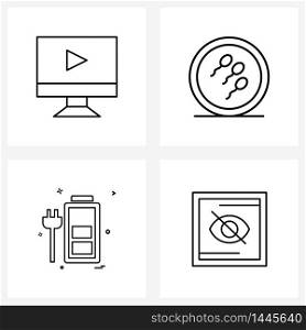 4 Universal Line Icon Pixel Perfect Symbols of monitor, battery , video, spermatozoa, switch Vector Illustration